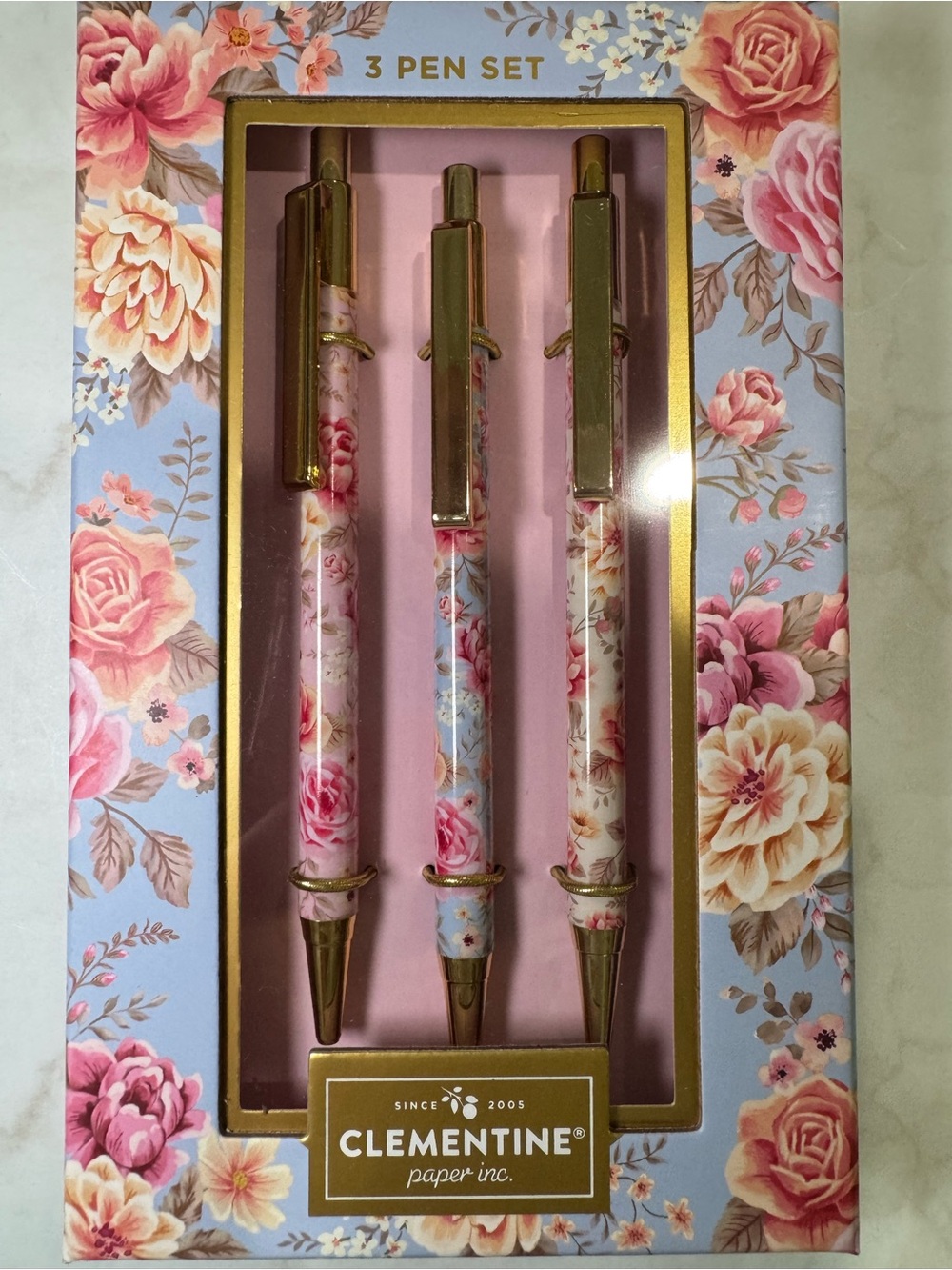 Floral 3-Pen Set - Pink, Blue, & CreamRose Design
